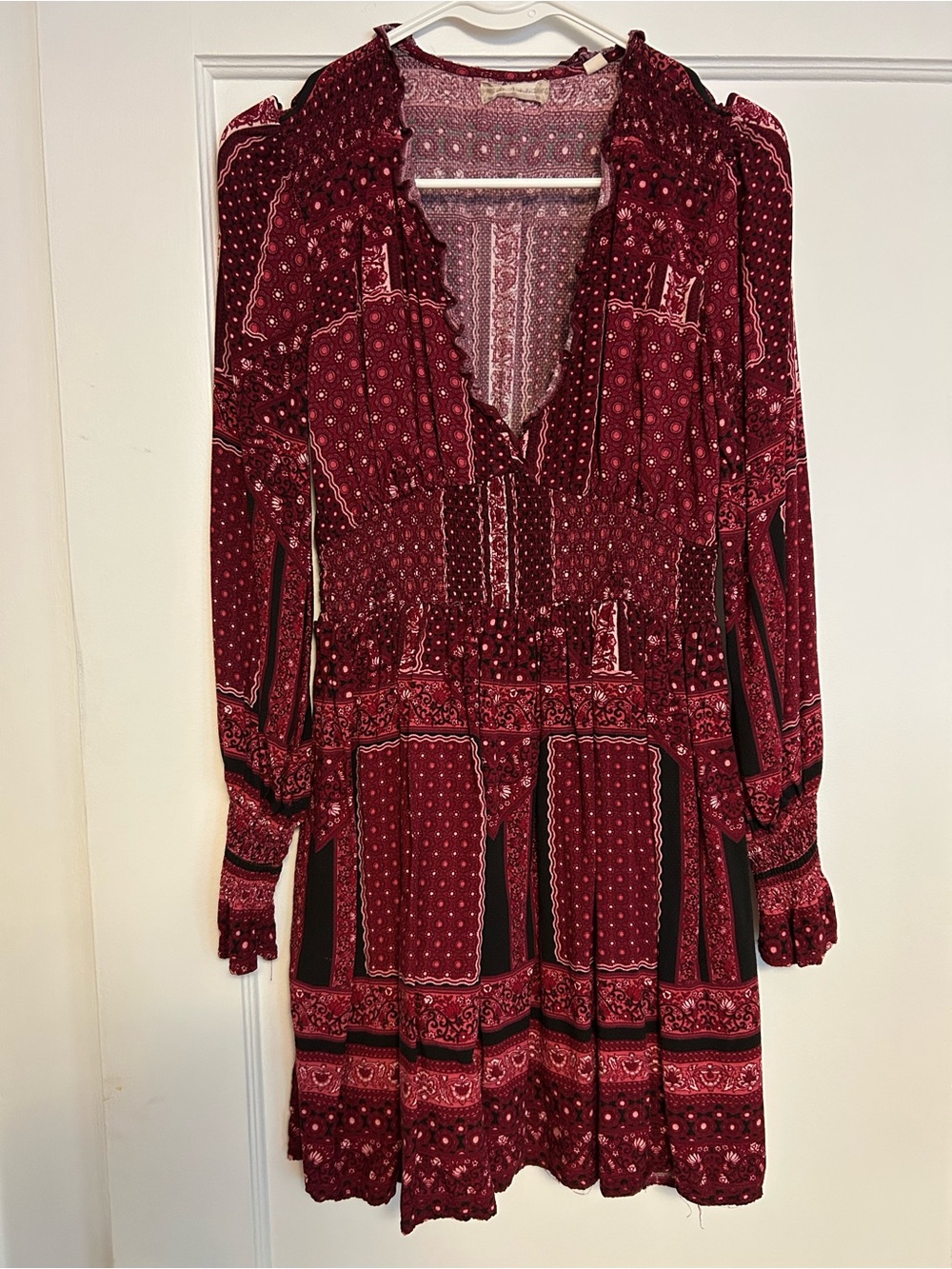 Altar’d State Boho Long-Sleeve Burgundy Patterned Dress